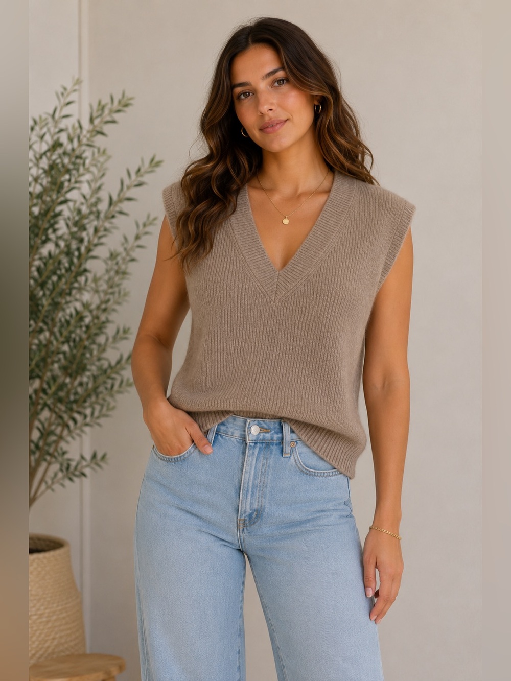 Sofie the Label Taupe Knit Sweater Vest Size‎ Large V-Neck